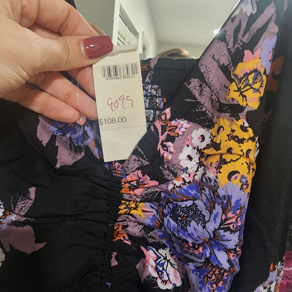 Free People Black Floral Mini Wrap Dress NWT - Picture 7 of 9